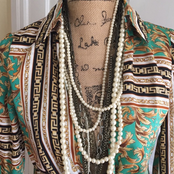 RARE • FORVER 21 • Gorgeous Baroque Maxi Coat Duster Green, Gold, Black & White - Picture 13 of 16